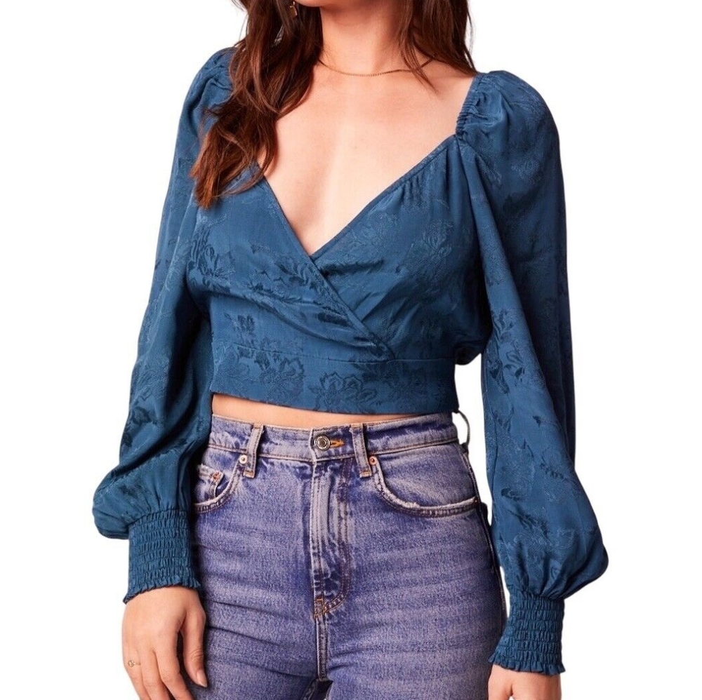 Band of the Free Camille Crop Wrap Top with Balloon Sleeves Deep Teal Size Med